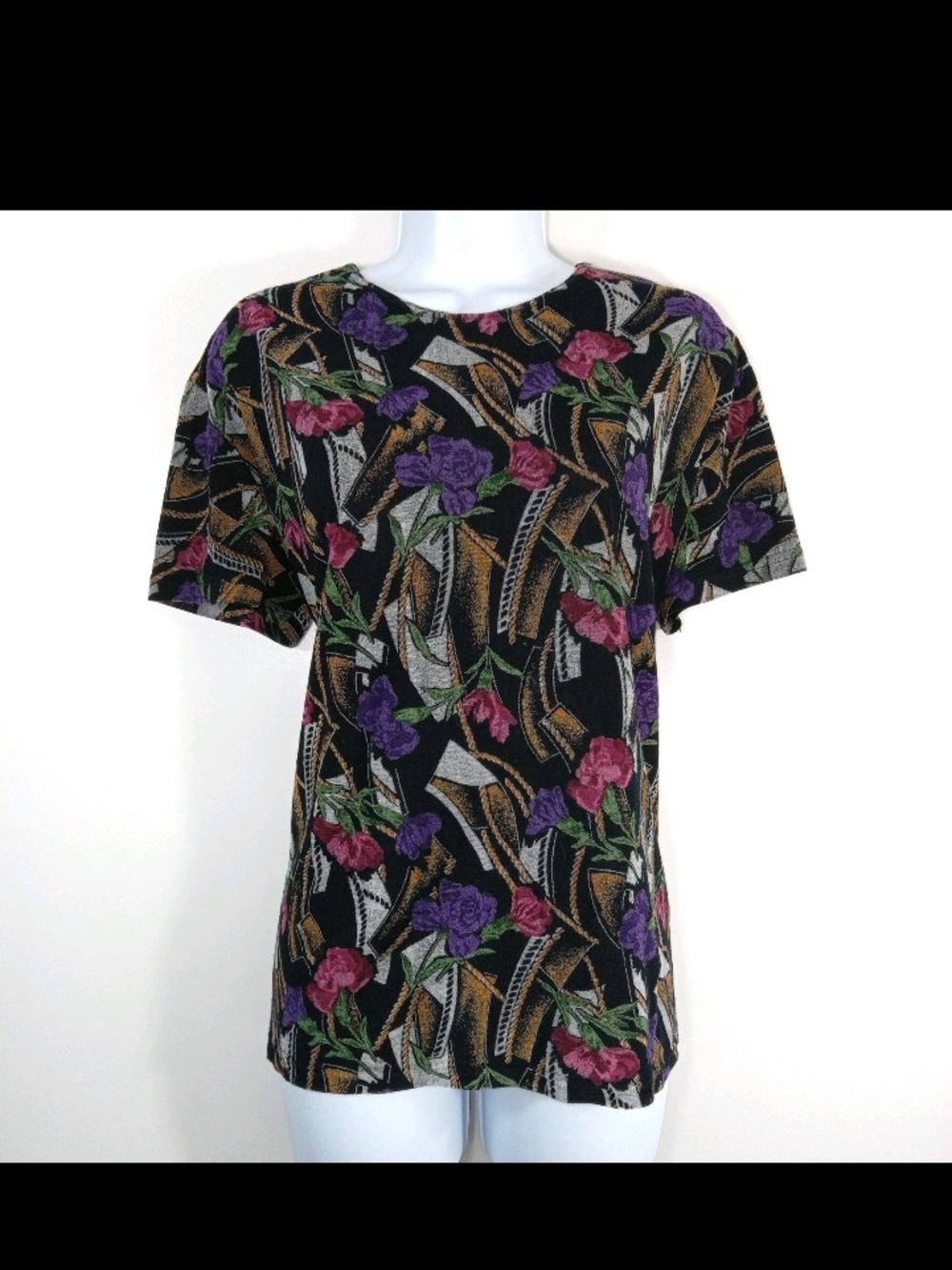 Vtg Superline Floral Short-Sleeve Top in Black with Purple & Pink Accents Large